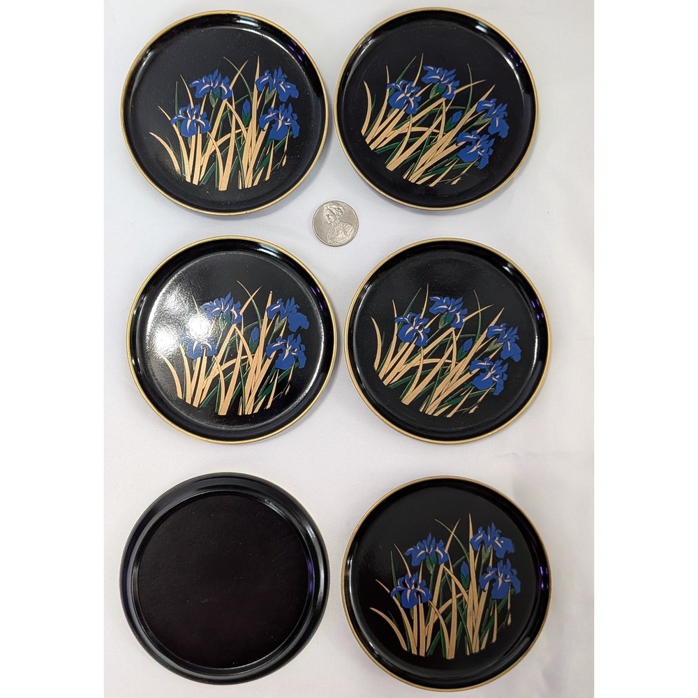 Toyo Lacquerware Coaster Set Unisex OS Black Good Blue Iris Floral Japan Vintage - Picture 4 of 5